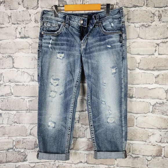 Silver Jeans Aiko Mid Capri Distressed Factory Fade Whiskered Light Blue Size 28 - Picture 15 of 15